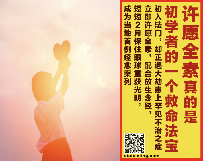 2.  许愿全素真的是初学者的一个救命法宝；初入法门，却正遇大劫患上罕见不治之症，立即许愿全素，配合放生念经，短短2月保住眼球重获光明，成为当地首例痊愈案列